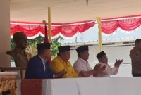 Ketua Umum Gerindra Prabowo Subianto bersama ketua umum tiga partai lain di Museum Proklamasi Jakarta, Minggu (13/8).