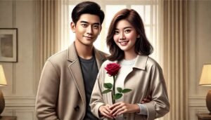 PP couple pacar ber 2 dengan membawa setangkai bunga mawar